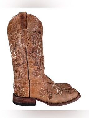 Ferrini Distressed Floral Cross Brown Embroidered Leather Western Heeled Boots